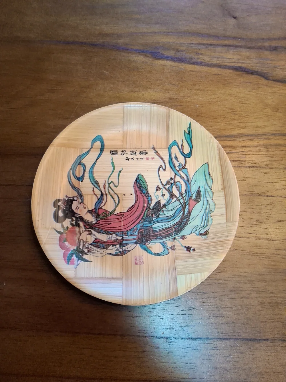 1960's Painted Bamboo Plates, Set of 3. 1 Large Square + 2 Round. Wall Decor